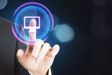 Businessman hand pointing digital computer hologram