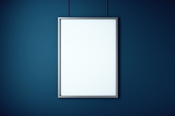 Blank white banner on concrete blue wall.