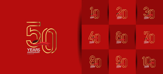 Anniversary set logotype style with golden, silver color and red ribbon. vector design for template element, invitation, greeting card and celebration purpose