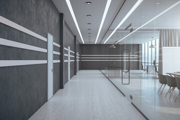 Coworking office interior hall with computers.