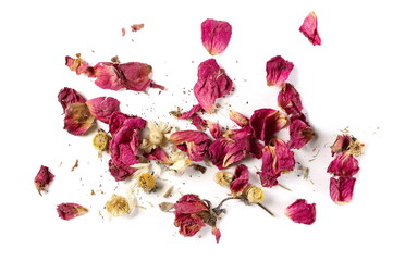 Dry red rose and daisy petals isolated on white background, top view