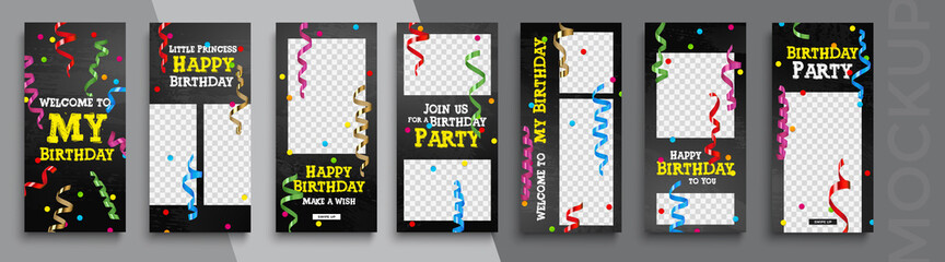 Happy Birthday Instagram stories editable template for social media.  Photo overlay with a birthday theme. Streaming.