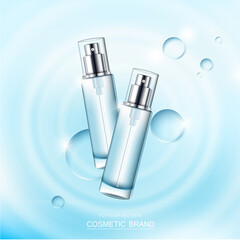cosmetic product poster, bottle package design with moisturizer cream or liquid, sparkling background with glitter polka.