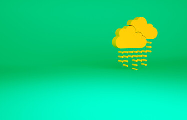 Orange Cloud with rain icon isolated on green background. Rain cloud precipitation with rain drops. Minimalism concept. 3d illustration 3D render.