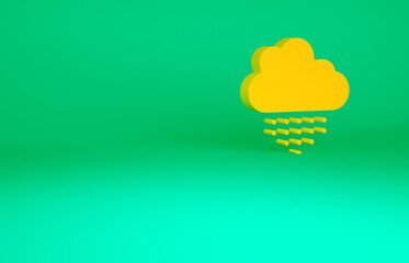 Orange Cloud with rain icon isolated on green background. Rain cloud precipitation with rain drops. Minimalism concept. 3d illustration 3D render.