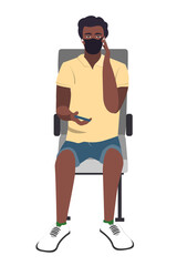 Seating African young guy with medical face mask using smartphone. Vector illustration. Train passenger with protective mask texting on mobile phone. Travel safely on public transport