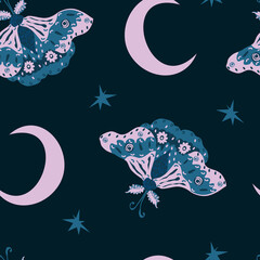 Dark and mystical vector seamless pattern with moths, moons and stars on deep blue background. Halloween, dark autumn, magical