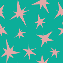 Simple and cute vector seamless pattern with pink stars on turquoise background. Summer celebration, birthday party