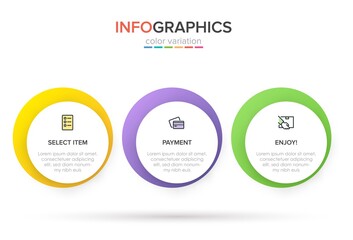 Concept of shopping process with 3 successive steps. Three colorful graphic elements. Timeline design for brochure, presentation, web site. Infographic design layout.