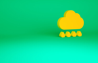 Orange Cloud with rain icon isolated on green background. Rain cloud precipitation with rain drops. Minimalism concept. 3d illustration 3D render.