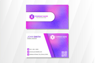 Colorful business card use combination pink, blue and purple gradient. horizontal layout. Transparency topography contour land and map in circle pattern as design element. Name Card Template Design