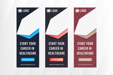 Set of vertical banner design template use diagonal shape as space for photo and transparency line and square pattern. Start your career in healthcare as sample of headline. 