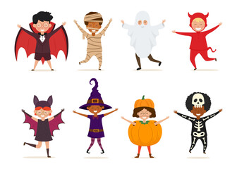 Set of kids in Halloween costume. Happy children wearing in witch, pumpkin, dracula, devil, skeleton, mummy, ghost, bat costume. Vector illustration isolated on white background.
