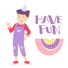 Boy is waving by hand. Welcome sign for the party. Birthday invitation
