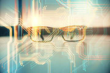 Map hologram with glasses on the table background. Concept of globalization. Double exposure.