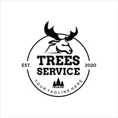 Tree Service Logo Design Template Idea. Buck Head and Pine Trees Vector Seal Badge Inspiration