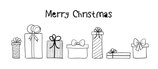 Hand drawn gift boxes long banner. Vector Christmas greeting card for social media with doodle presents