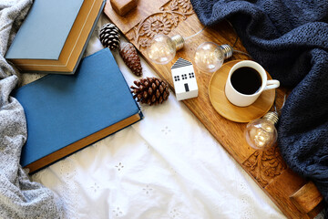 top view image of room interior still life. warm and cozy morning at home
