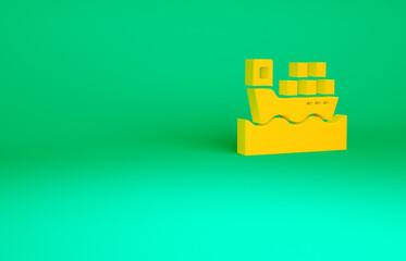 Orange Cargo ship with boxes delivery service icon isolated on green background. Delivery, transportation. Freighter with parcels, boxes, goods. Minimalism concept. 3d illustration 3D render.