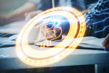 Businessman with hands background. Crypto currency concept.