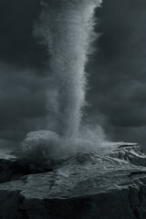 Wirbelsturm auf Felsen vor düsteren Wolken. 3D Rendering