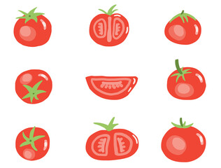 Vector graphics. Set of red tomatoes with sprigs. Hand drawn. Isolated on a white background. Juicy, shiny, bright tomatoes with green leaves. Food illustration for design.Vegan diet, healthy eating.