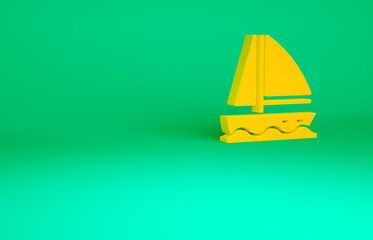 Orange Yacht sailboat or sailing ship icon isolated on green background. Sail boat marine cruise travel. Minimalism concept. 3d illustration 3D render.