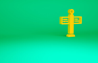Obraz premium Orange Road traffic sign. Signpost icon isolated on green background. Pointer symbol. Street information sign. Direction sign. Minimalism concept. 3d illustration 3D render.