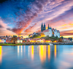 Awesome view on Albrechtsburg castle and cathedral on the River Elbe with dramatic  sunset