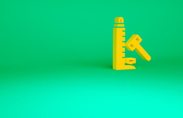 Orange High striker attraction with big hammer icon isolated on green background. Attraction for measuring strength. Amusement park. Minimalism concept. 3d illustration 3D render.