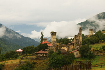 Svaneti watchtowers. medieval defense towers in the high mountain region of Georgia, Svaneti