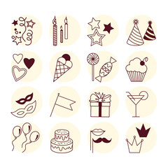 Vector set of holiday party attribute icons.