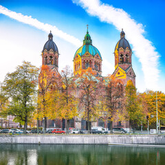 Fantastic autumn view on Saint Lucas Church (Lukas kirche), the largest Protestant church in...