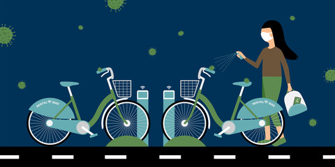 illustration vector, girl with face mask spraying alcohol on smart shared bicycle before riding to prevent spread of COVID-19, concept of smart technology and healthcare in the pandemic situation