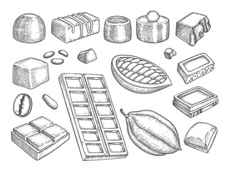 Chocolate sketch. Chocol drawn natural sweet products chocolate bar pralines food vector pictures collection. Natural cocoa food, cacao drawing bean illustration