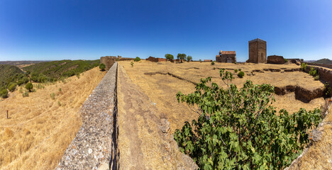 Noudar medieval castle panorama, with Alentejo landscape background. and Located 5 kilometres from the Spanish border. Alentejo, Portugal.