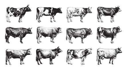 Cow and bull collection - vintage engraved vector illustration from Larousse du xxe siècle - obrazy, fototapety, plakaty