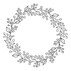 Vector graphic round wreath of berries and leaves isolated on white background. Frame for greeting cards, wedding invitations, posters, save the date or congratulations. Freehand drawing