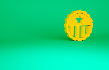 Fototapeta premium Orange Medal with star icon isolated on green background. Winner achievement sign. Award medal. Minimalism concept. 3d illustration 3D render.