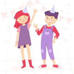 Party greeting card with girl and boy. Chikdren are waving by hand. Welcome sign for the party. Birthday invitation. Illustration in cartoon style