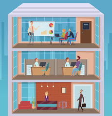 Business center. Office building busy persons daily activity open working space managers business building cross section floor vector background. Office building interior center illustration