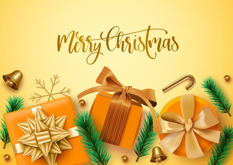 Fototapeta na wymiar Merry christmas vector background template. Merry christmas text in empty space for messages with orange gifts and golden xmas decor for holiday celebration card. Vector illustration 