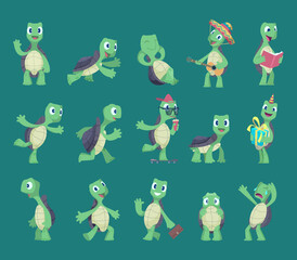 Turtles cartoon. Comic reptile funny characters in various action poses nature wild animals vector turtles illustrations. Reptile, turtle, tortoise animal mascot collection