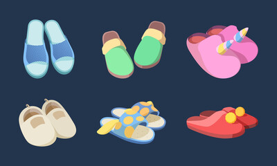 Home slippers. Fashion footwear soft textile hotel garments vector slippers collection isolated. Fluffy footwear domestic, pair slippers for children illustration