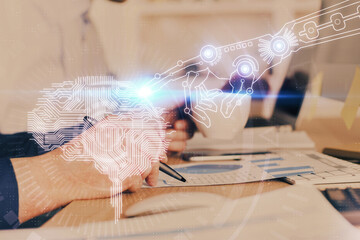 Brain multi exposure icon with man hands background.