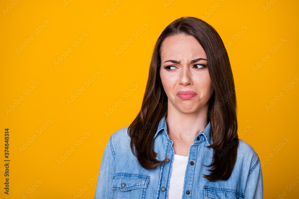 Wall mural portrait of frustrated girl look copyspace dislike spoiled scent wear casual style clothes isolated 