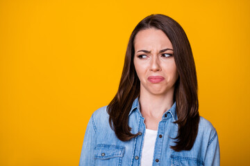 Portrait of frustrated girl look copyspace dislike spoiled scent wear casual style clothes isolated over vivid color background - obrazy, fototapety, plakaty