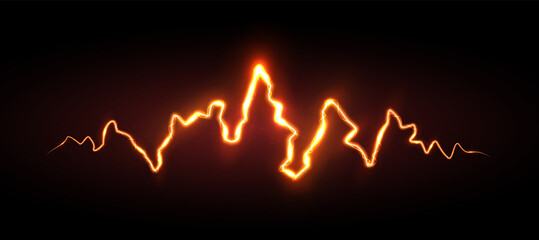 Realistic orange lightning with sparks and glow, vector illustration