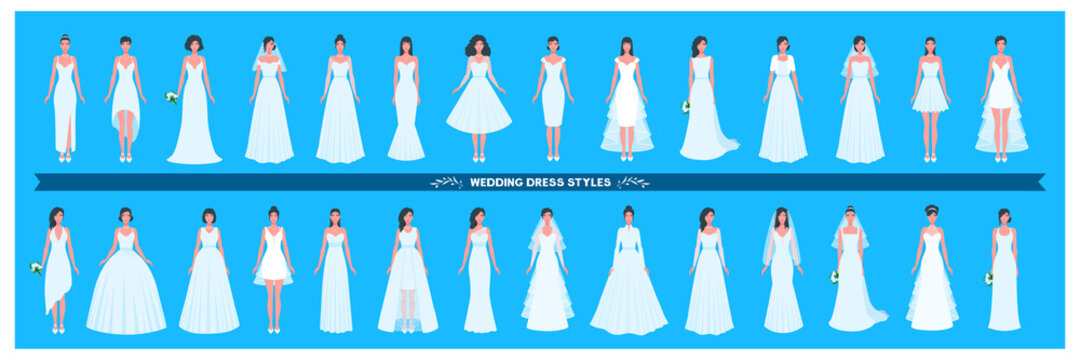 Wedding dress collection. Different styles and shapes. A large set of various dresses. Young adult women brides. A vector cartoon illustration.