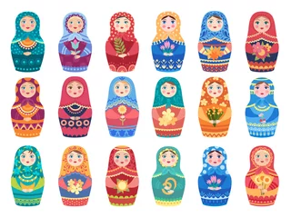 Rolgordijnen Schedel Russische pop gekleurd. Traditionele Moskou speelgoed authentieke bloemen gekleurde decoratie vrouw of meisje vector tekens. Rusland nationaal speelgoed, handgemaakte ornament decoratie illustratie